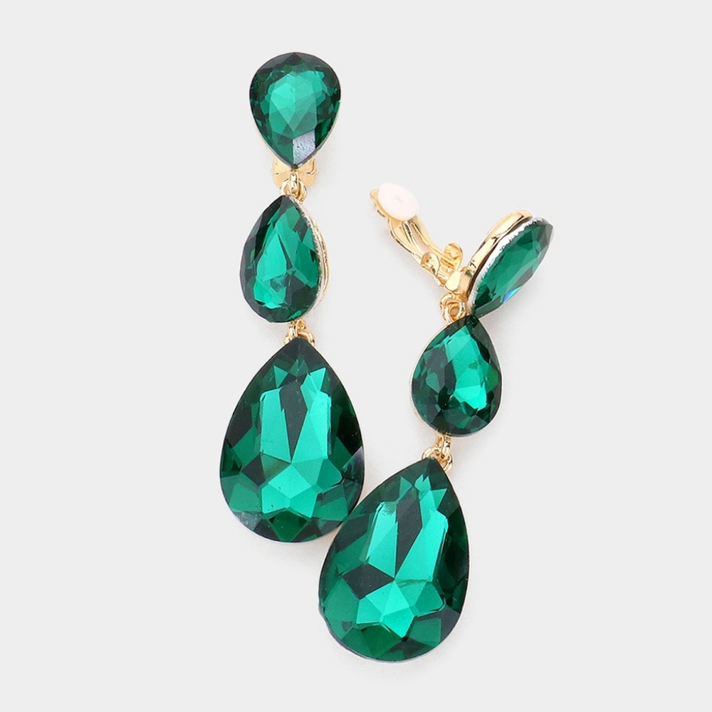 Green Dangle Crystal Clip On Earrings 3 Inch Triple Tear Drop ClipOns Jewelry